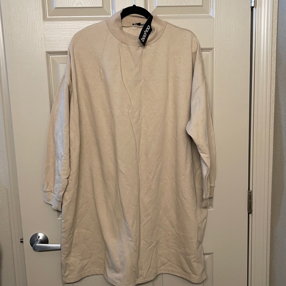 BOOHOO STONE KHAKI TAN LONG SLEEVE SWEATER DRESS